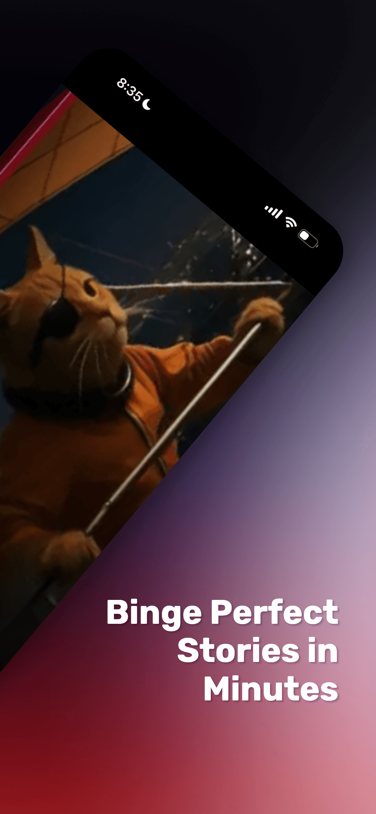 Phone showing Binge Perfect Stories in Minutes on Vignetta